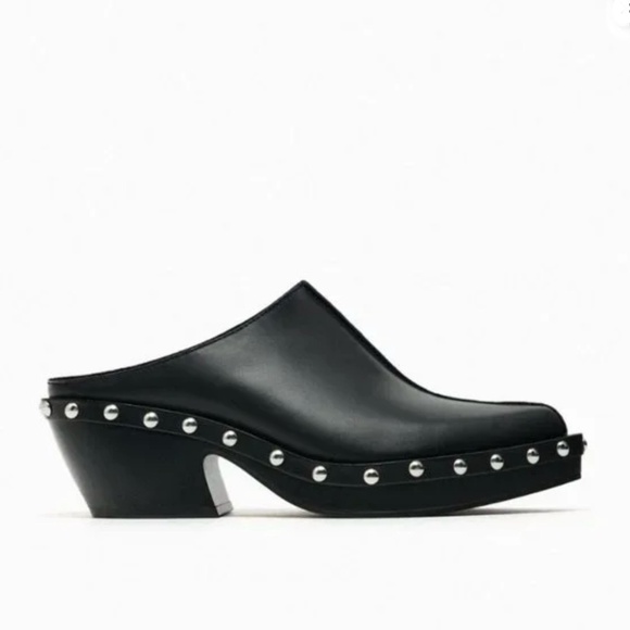 Zara Black Leather Studded Clogs. NWT, Size 38/7.5 NWT - Picture 3 of 6